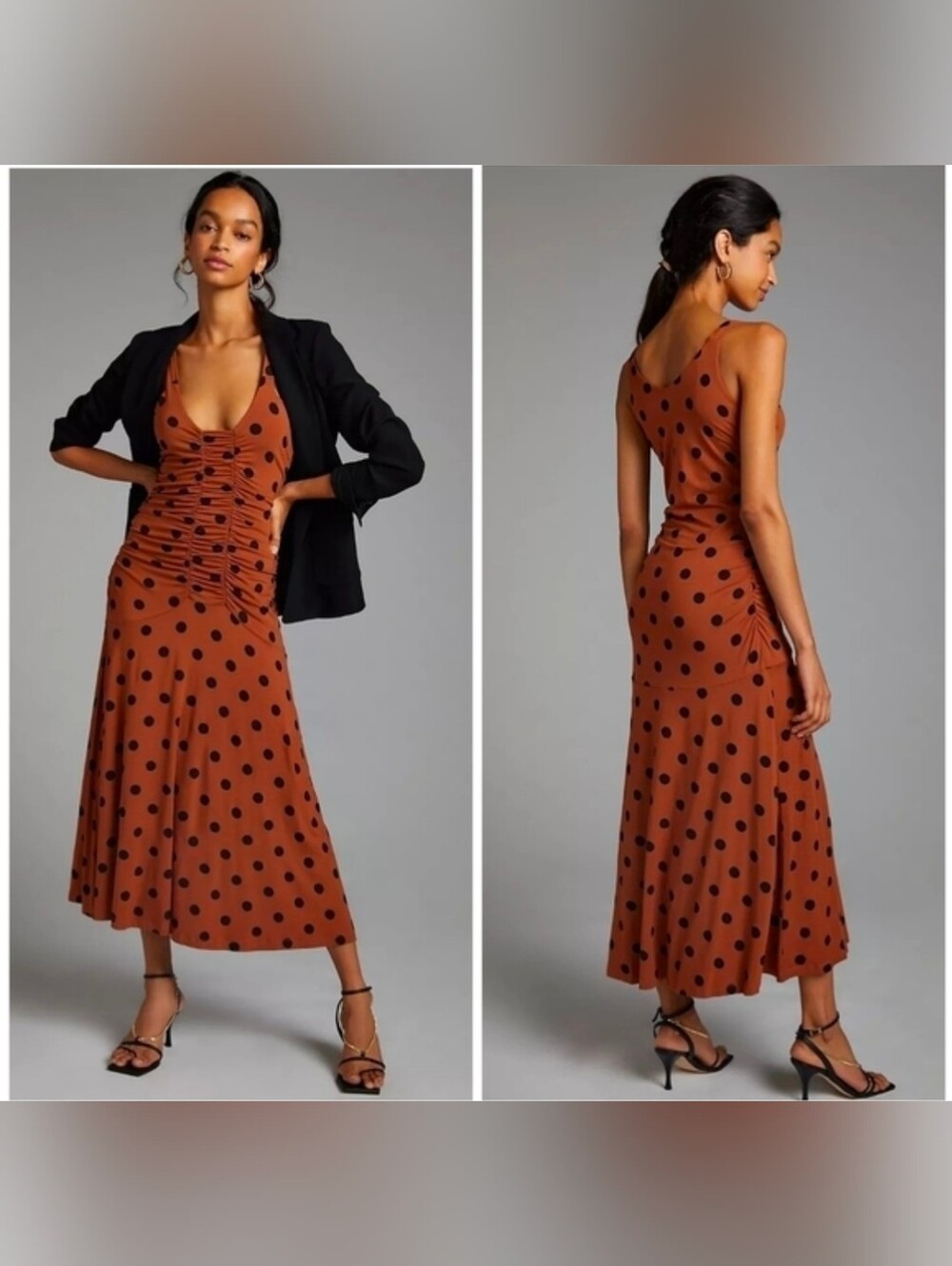 Anthropologie Polka Dot Ruched Midi Dress